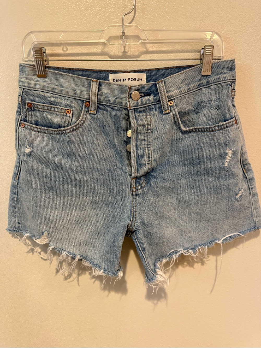 Denim Forum Light Blue Frayed High-Rise Jean Shorts